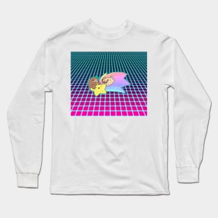 Shooting Star Sloth and Pug Vaporwave Grid Pattern Long Sleeve T-Shirt